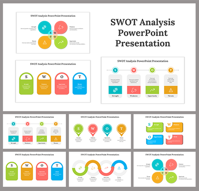 SWOT Analysis PowerPoint Presentation templates with colorful SWOT slide designs for Strengths, Weaknesses, Opportuniti