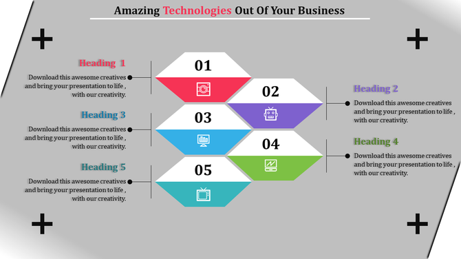 Business slide featuring five staggered diamond icons in red, purple, blue, green, and teal, with technology headings.