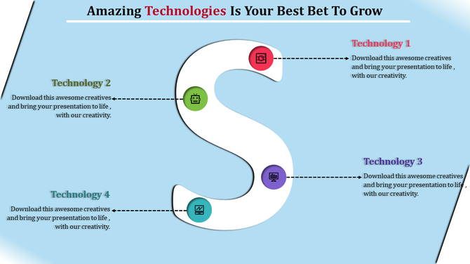 Image showing a large letter with four technology icons placed around it, each linked by dotted lines to labels. 