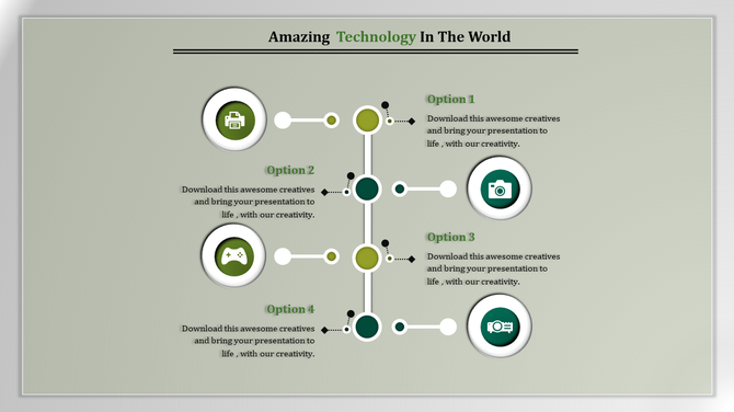 Tech theme showing a vertical line with four green circular icons like briefcase, camera, game controller, and key.