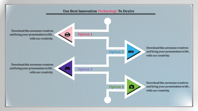 Creative technology slide with four directional arrows, labeled Option 1 to 4, each with icons and placeholder text.