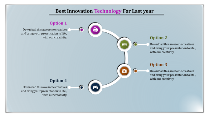  Technology layout featuring a curved path with four numbered options and corresponding circular icons.