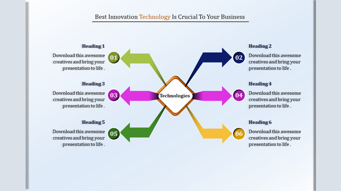 Six colorful numbered arrows pointing outward from a central diamond shape, on a light gradient background.
