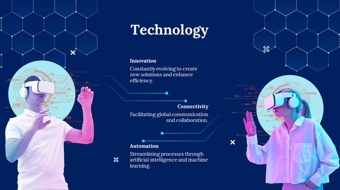 Technology slide with a blue background featuring two people using VR headsets and central text placeholders.
