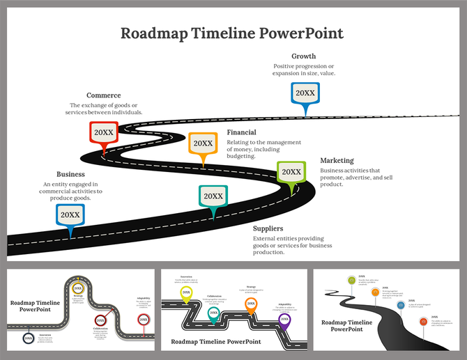 Roadmap timeline slides with curved paths and colorful markers, highlighting business, financial, and marketing milestones.