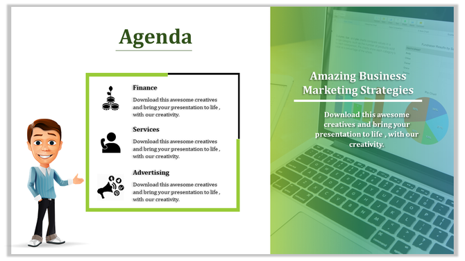 Agenda slide with an illustrated person pointing a text box and a green gradient laptop image on the right.