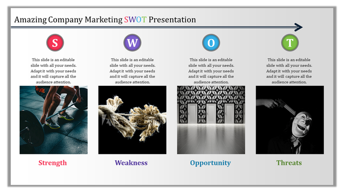 SWOT analysis slide with vibrant colors and images illustrating the four key categories in a structured format.