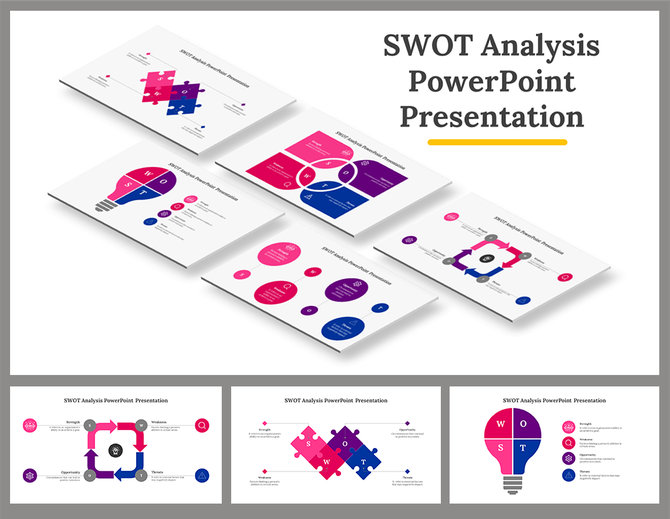 Outline style SWOT analysis template with circular elements and placeholder text areas beneath each section.