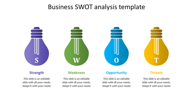Slide with four colored lightbulb icons in purple, green, blue, and yellow, labeled S, W, O, T for each category.