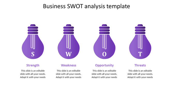 Purple SWOT analysis template with four lightbulb icons labeled S, W, O, and T, each with a text placeholder below.