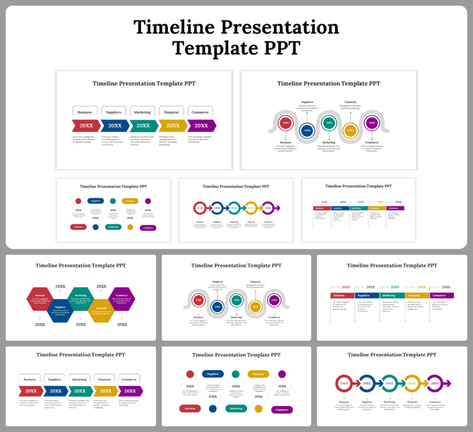 Collection of timeline presentation slides showcasing various designs for business, marketing, and finance topics with icons.