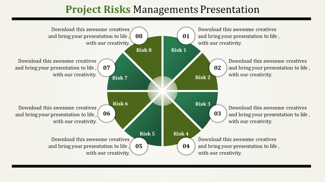 Risk management slide with an 8 segment green colored circular diagram surrounded by descriptive text.