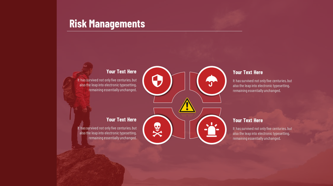 Illustration of risk management with red-themed icons in a circular format and a climber in the background.