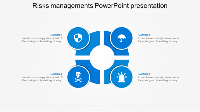 Risk management chart with a circular blue layout, four icons inside segments, and text placeholders around it.