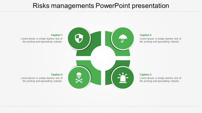 Risk management slide featuring four green icons shield, umbrella, skull and crossbones, and alert bell in a circular form.