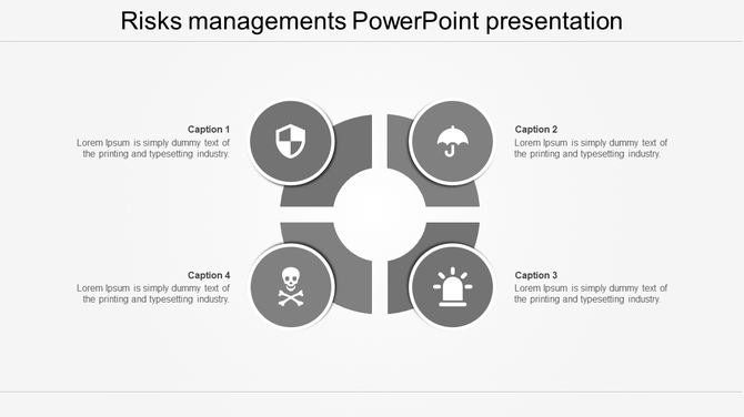 Risk management chart with a circular gray layout, four icons inside segments, and text placeholders around it.