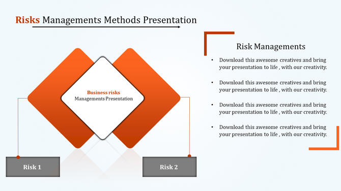 Risk management slide with overlapping orange and white diamond shapes, with text sections on the right.