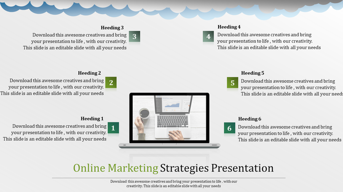 Online marketing strategy slide with six headings and a laptop displaying data analytics with placeholder text.