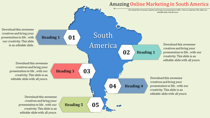 Online marketing strategy PowerPoint template with headings and a map of South America with placeholder text.