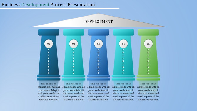 Slide with five colored pillars representing stages of business development, each labeled with building numbers 1 to 5.