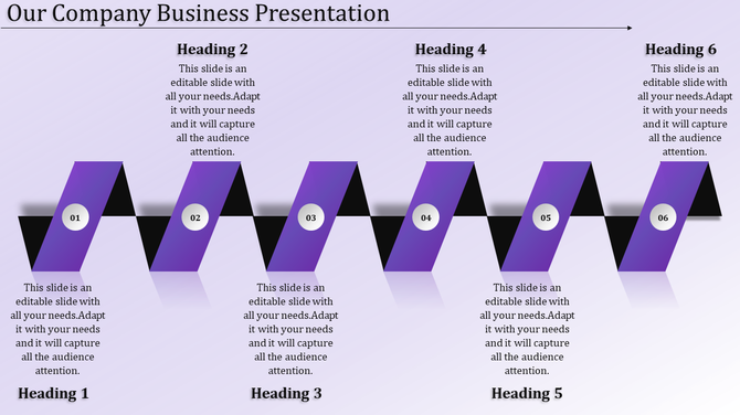 Six vertical purple ribbons with numbered circles and alternating black background shapes under headings.