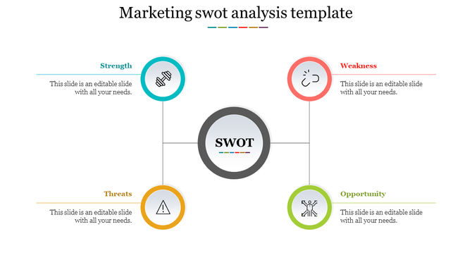 SWOT analysis template with a circular layout in blue, red, green, and yellow, featuring colorful icons, and text boxes.
