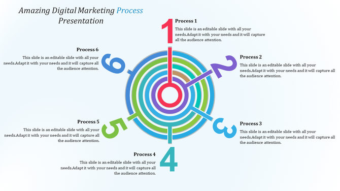 Digital marketing process diagram slide with six colorful processes arranged in a circular layout numbered 1 through 6.