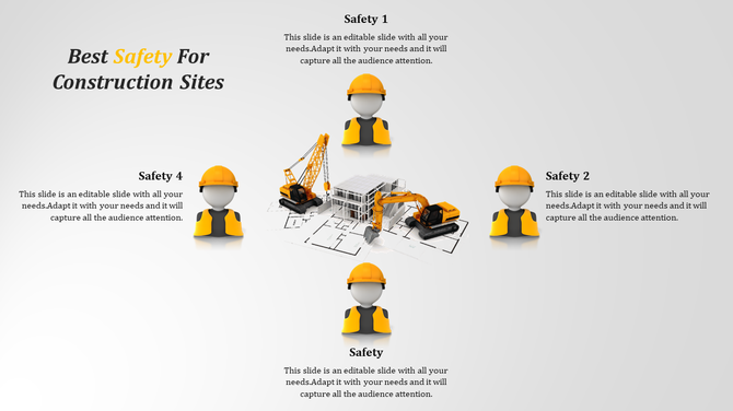 Illutration of a central construction site with four workers wearing helmets placed around it, each labeled with safety text.