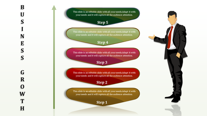 Business growth infographic featuring five sequential steps in triangular shapes with a man pointing to the progression.