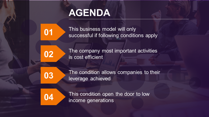 Business agenda slide with orange arrows listing four key points on a blurred office background.