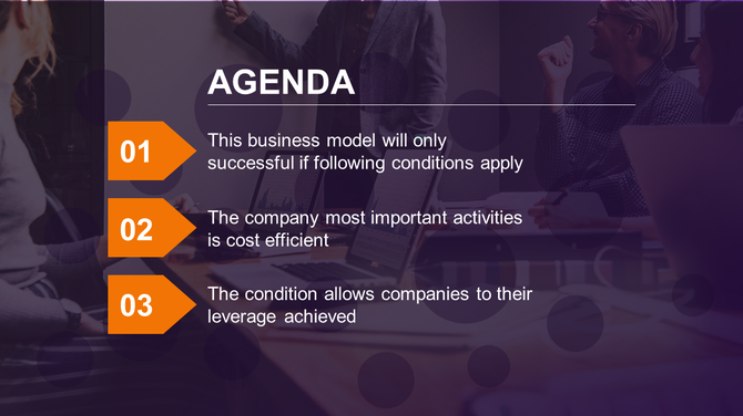 Agenda slide with orange numbered arrows and text sections, on a blurred purple office background.