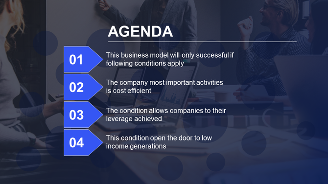 Blue themed agenda slide with four numbered arrow shaped boxes, aligned with text on a professional meeting background.