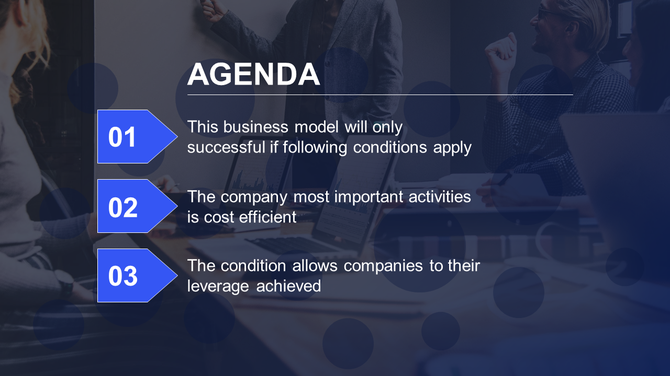 Agenda slide with a blue background, numberes 01 to 03, and business related points listed next to arrow shaped labels.
