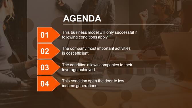 Orange business agenda slide with numbered arrows and professional team meeting background in an office.