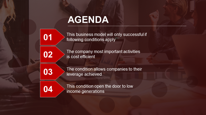 Slide featuring four red arrows with numbers and descriptions, overlaying on a business meeting image.