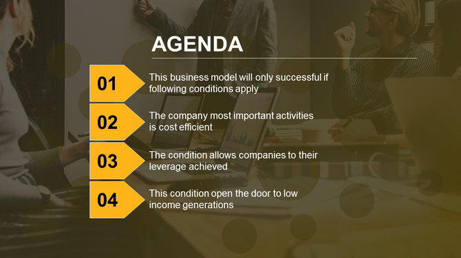 Agenda slide with yellow arrow markers and a background of team discussion in an office on a blurred office background.