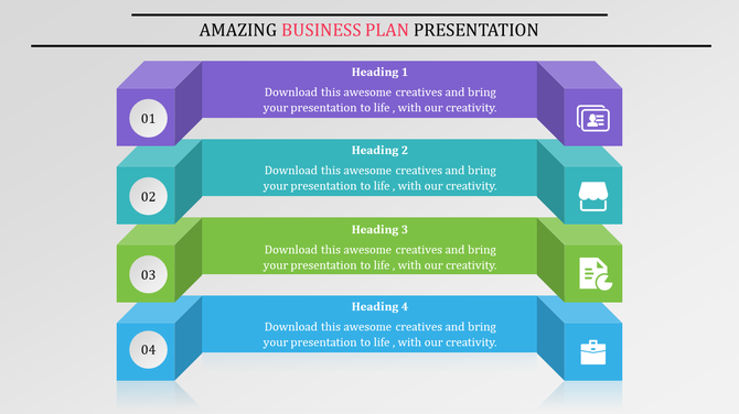 Business plan slide with four horizontal 3D blocks,  displaying icons for documents, stores, graphs, and briefcases.