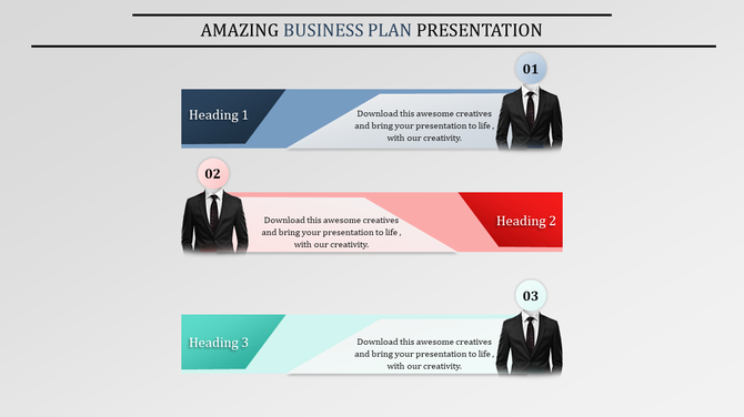 PowerPoint slide for a business plan with three sections, each featuring headings and creative design elements.