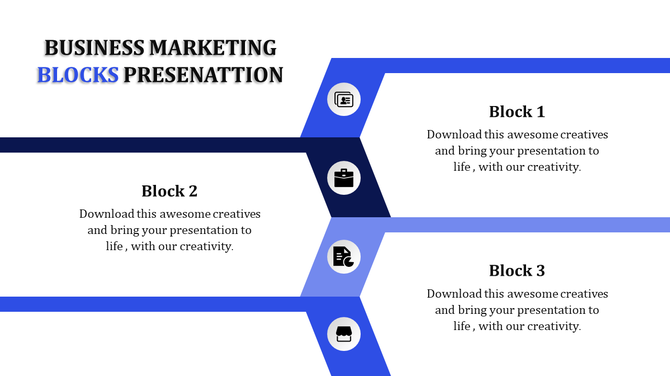 Three business themed blocks in horizontal layout, featuring icons document, briefcase, and store bag on blue backgrounds.