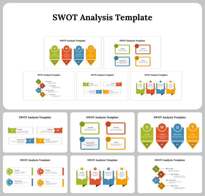 Collection of SWOT analysis slide designs featuring charts, arrows, and icons from strengths to threats.