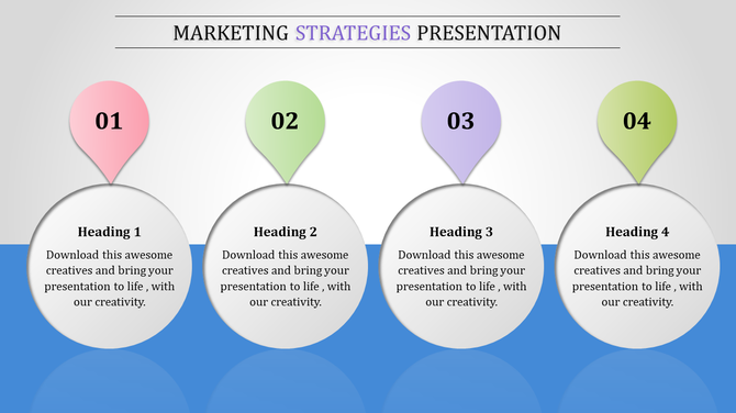 A colorful marketing strategy PowerPoint template with four numbered options, each with a heading and a creative icon.