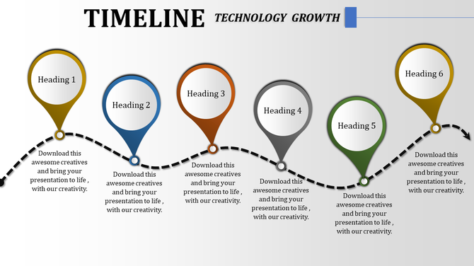 Growth timeline with six markers along a dotted curve, displaying sequential headings and placeholder content.