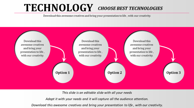 Technology slide with three circular options connected by arrows, set against a bright pink background with text area.
