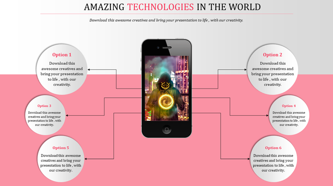 Technology slide with six circles containing options, connected to a smartphone image, set on a pink background.