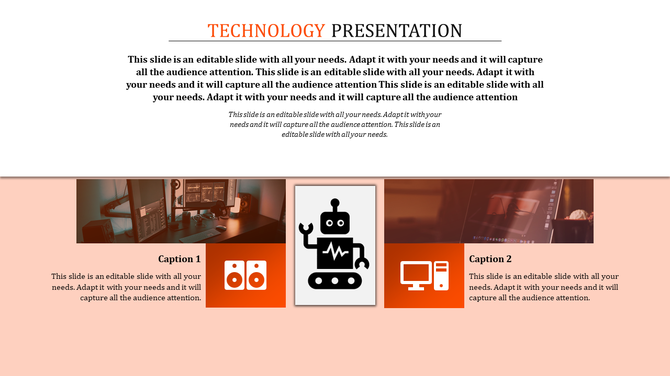 Slide layout for technology  with a robot icon, captions below with tech-themed images and caption areas.