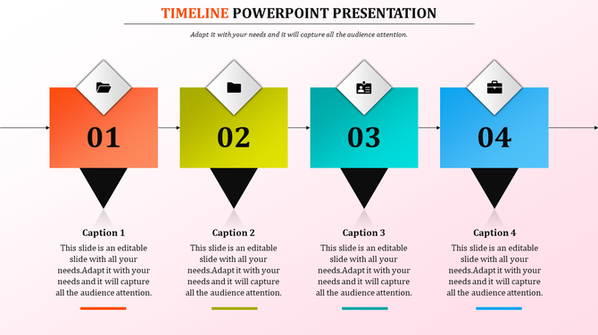 Timeline slide with four numbered steps in orange, yellow, teal, and blue squares, each paired with icons and descriptions.