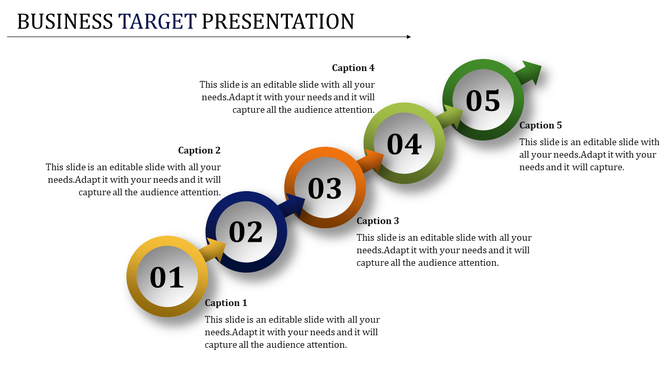 A business target PowerPoint slide with numbered circles and captions for each step of a process.