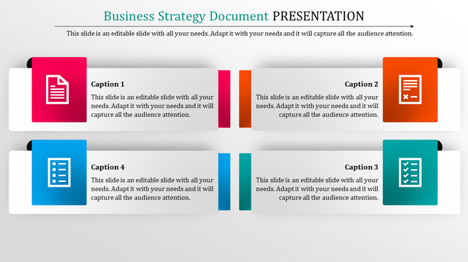 A modern business strategy document template featuring four sections with vibrant icons.