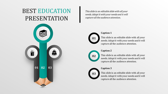 Educational design with three pencil-shaped segments showing book, beaker, and user icons alongside captions areas.