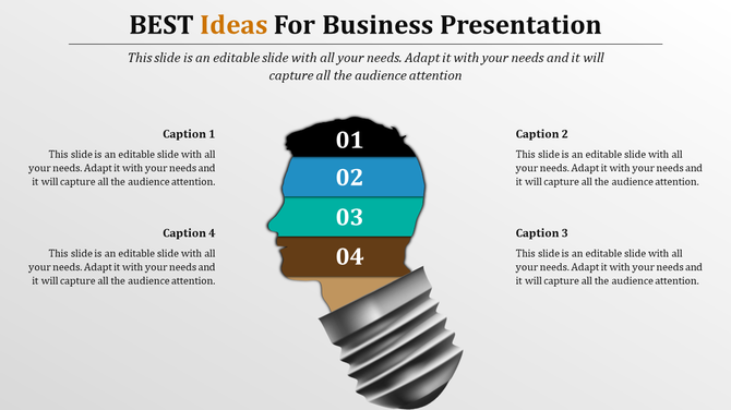 A business presentation slide with a lightbulb and stacked sections, each marked with numbers, to symbolize ideas.